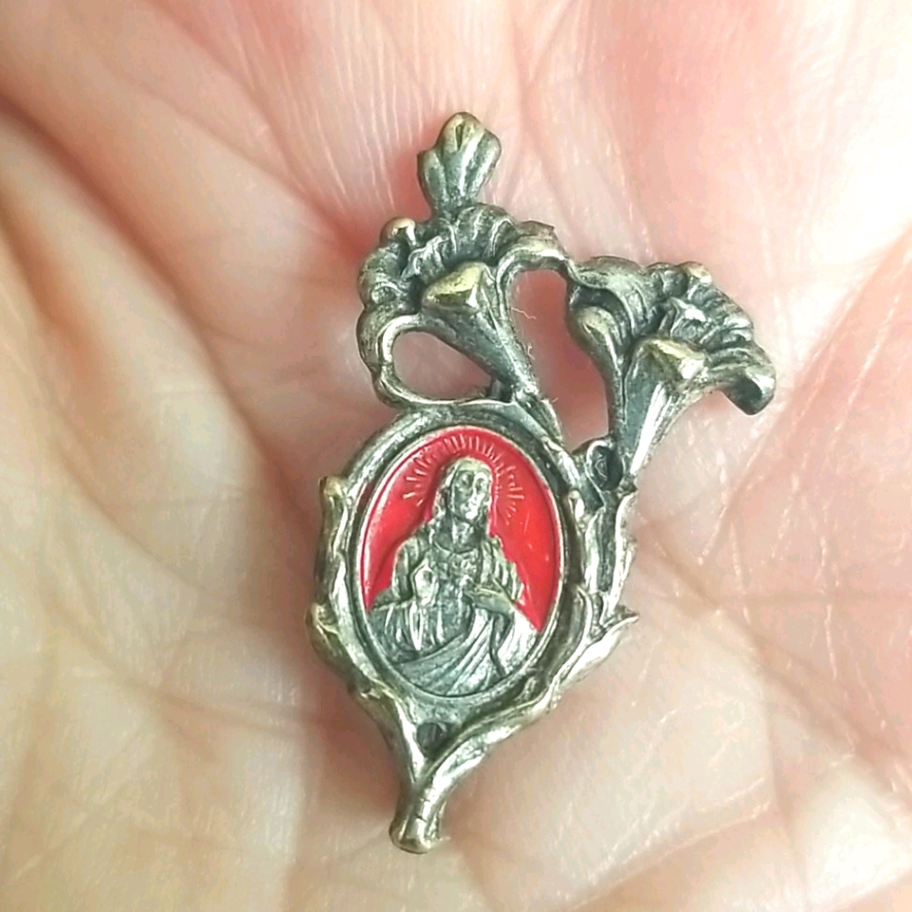 Religious EASTER Lily ENAMEL RED Art Nouveau pin